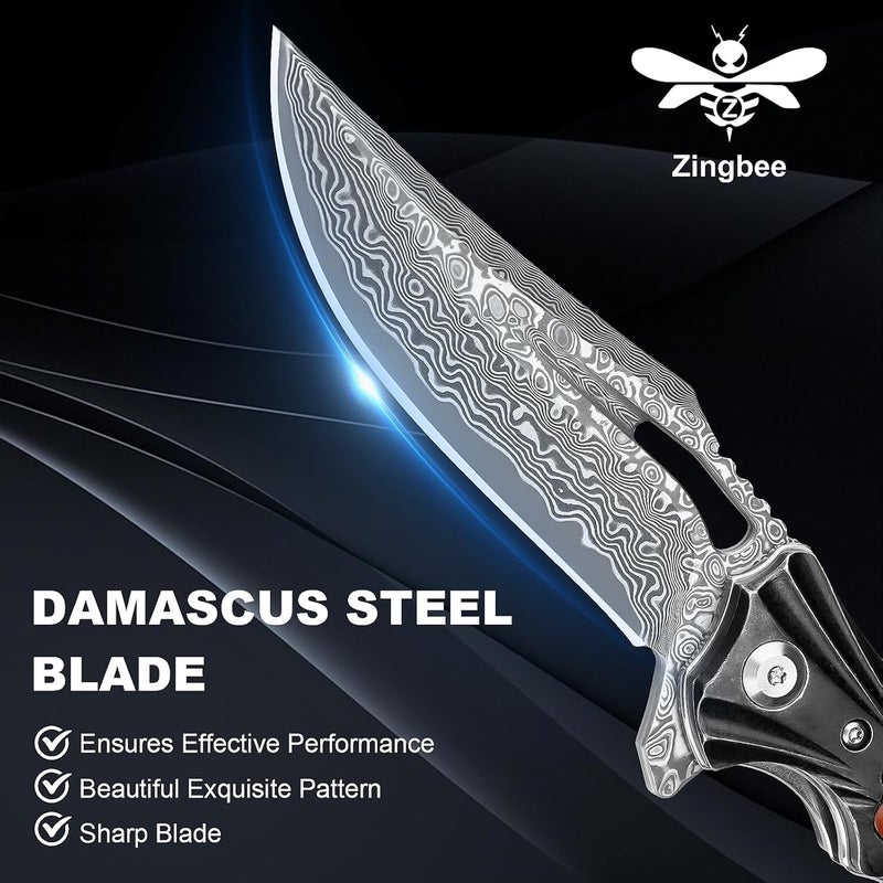Zingbee Damascus Pocket Knife for Men Women, Wood Handle Folding Knife with Sheath, 3.15" Damascus Steel Blade Pocket Knives for Outdoor - Image 3